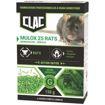 Appât céréales - Mulox 25 - rats - action rapide - 150 g - 6 sachets de 25  - CLAC