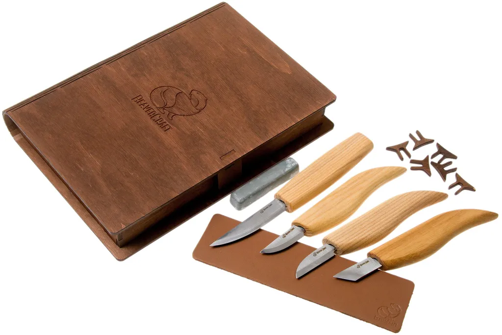 BeaverCraft Basic Set of 4 Knives S07 Book kit de sculpture sur bois avec boîte de rangement livre en bois