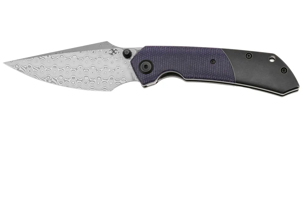 Kansept Fenrir K1034Z2 Damascus, Blackwashed Titanium, Purple Micarta, couteau de poche, Greg Schob design