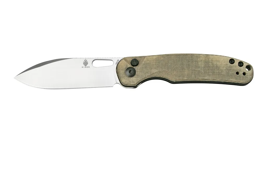 Kizer Vanguard HIC-CUP V3606C1, Button Lock Green Micarta couteau de poche, Azo design