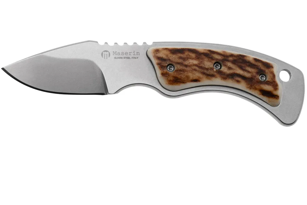 Maserin Mini Trapper 924-CV-1 Stonewashed Elmax, Stag Horn, Leather Button Sheath, petit couteau de chasse fixe