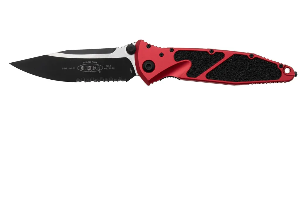 Microtech Socom Elite 160-2RD, Two Tone Black M390 Clippoint, Red Aluminum, couteau de poche semi dentelé