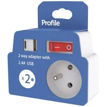 Multiprise 2 x 16A  interrupteur+ USB-A / USB-C blanc  - PROFILE