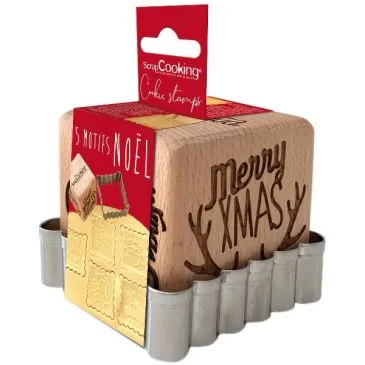 Tampon à biscuits bois 5 décors + découpoir - Noël - SCRAPCOOKING