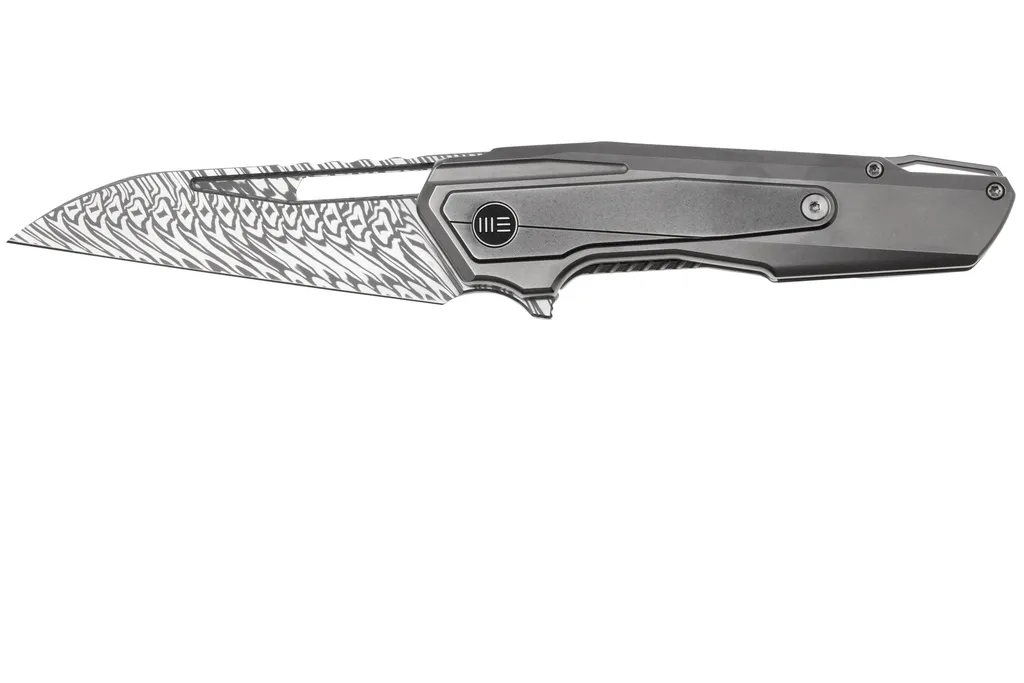 WE Knife Falcaria WE23012B-DS1 Fafnir Damasteel, Polished Bead Blasted Titanium, Polished Gray Titanium, couteau de poche